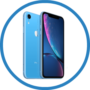 A blue iphone is in a blue circle on a white background