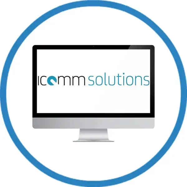 A computer monitor with the icomm solutions logo on it