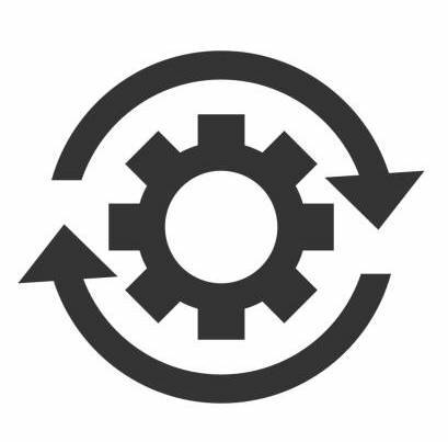 A gear with two arrows around it on a white background.