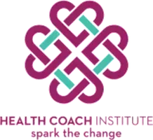 Purple and teal intertwined heart-shaped logo for Health Coach Institute, text reads “spark the change.”