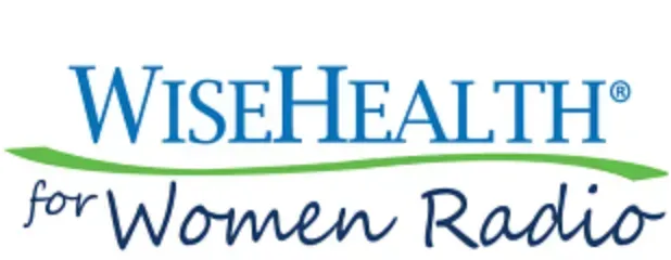 Logo for WiseHealth for Women Radio. Blue and green text on white.