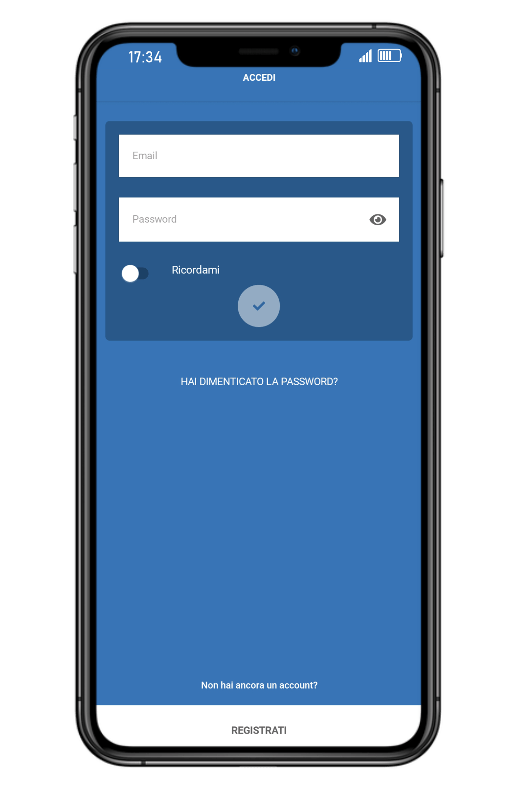Un telefono cellulare con una schermata blu e una pagina di login.