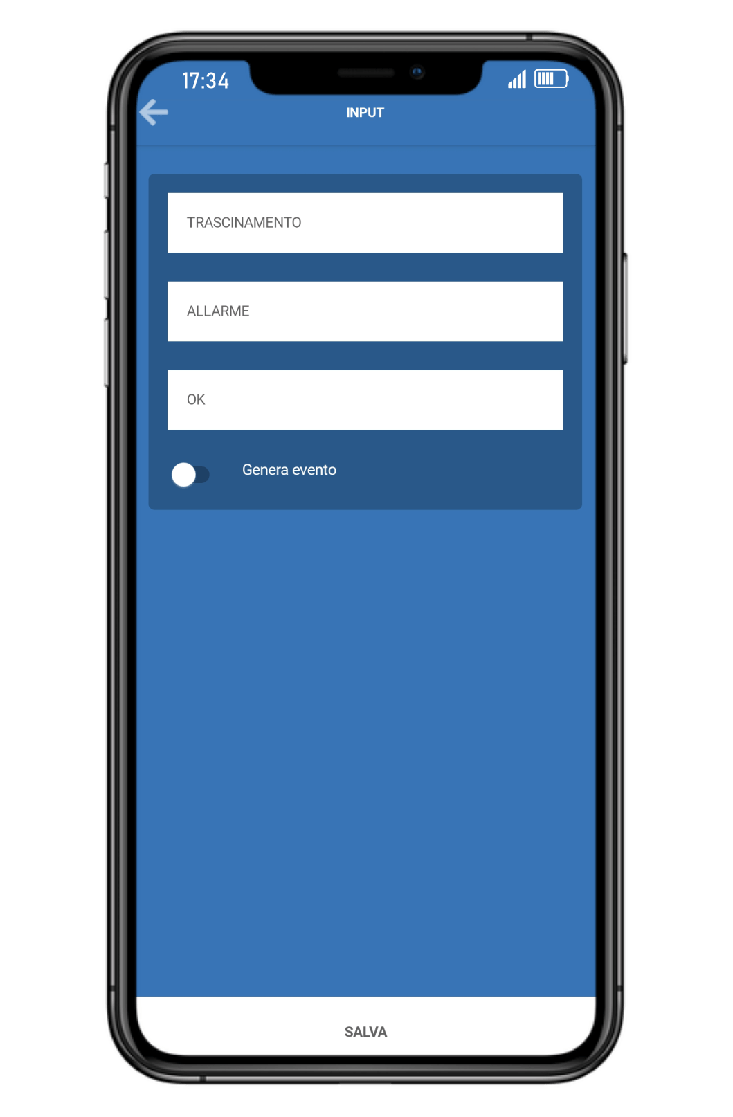 Un telefono cellulare con uno schermo blu e tre riquadri.