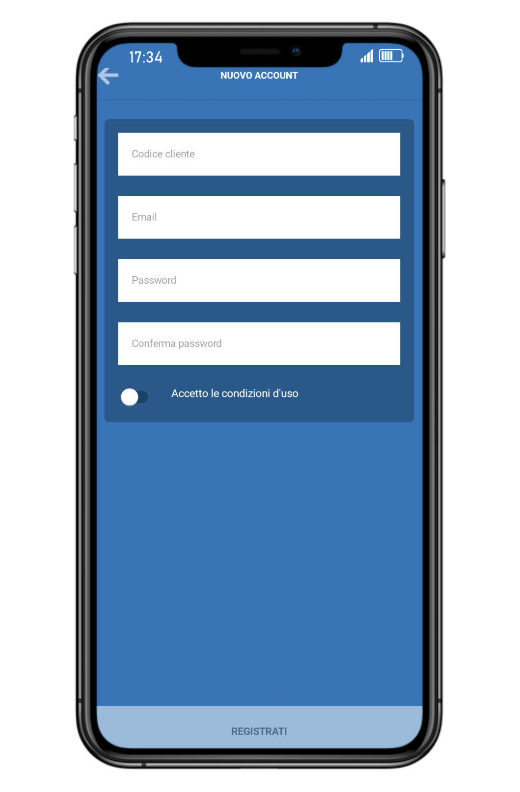Un telefono cellulare con uno schermo blu e poche righe di testo.