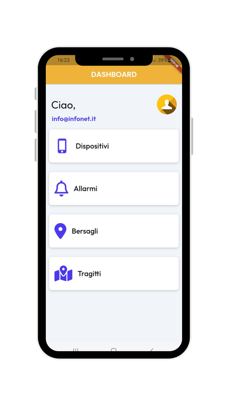 Un telefono cellulare con un'app dashboard aperta.