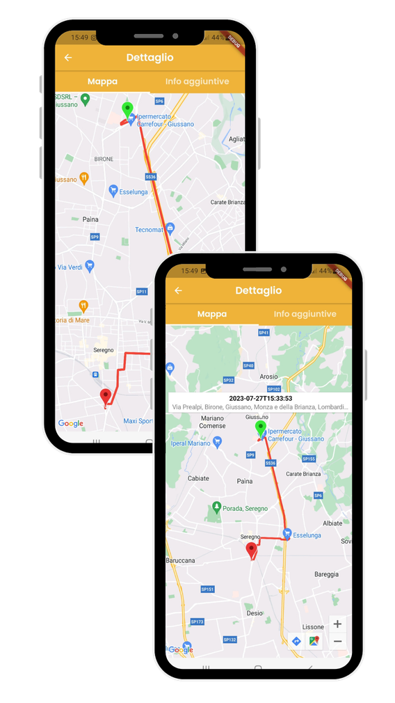 Due telefoni con mappe su uno sfondo bianco.