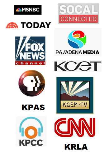 Collage of TV and media logos, including MSNBC, TODAY, Fox News, PBS, CNN, KPCC, and KRLA.