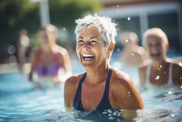 Smiling woman in a blue swimsuit standing in a swimming pool with others blurred in the background