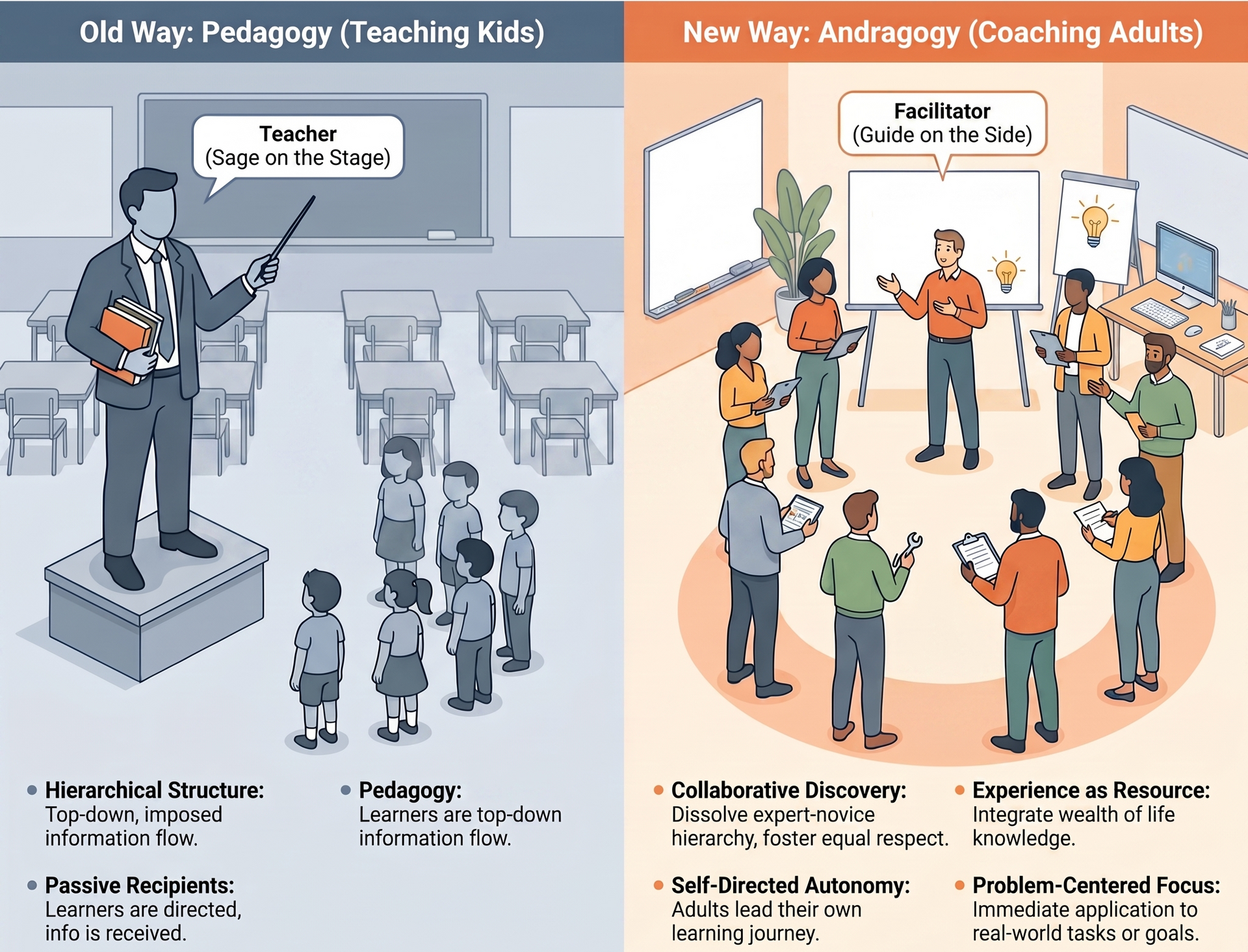 Side-by-side classroom cartoon comparing old lecturing with new collaborative coaching