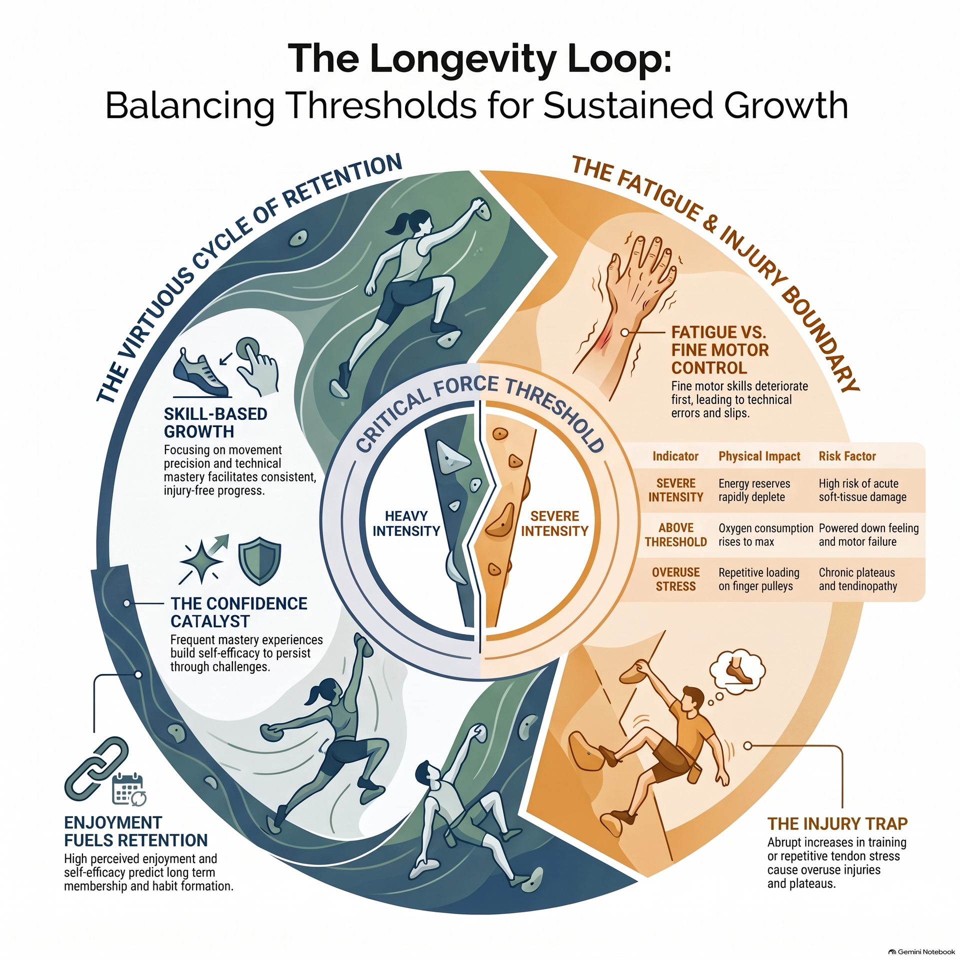 Circular infographic titled “The Longevity Loop” showing balanced growth, fatigue, and optimal force training phases.