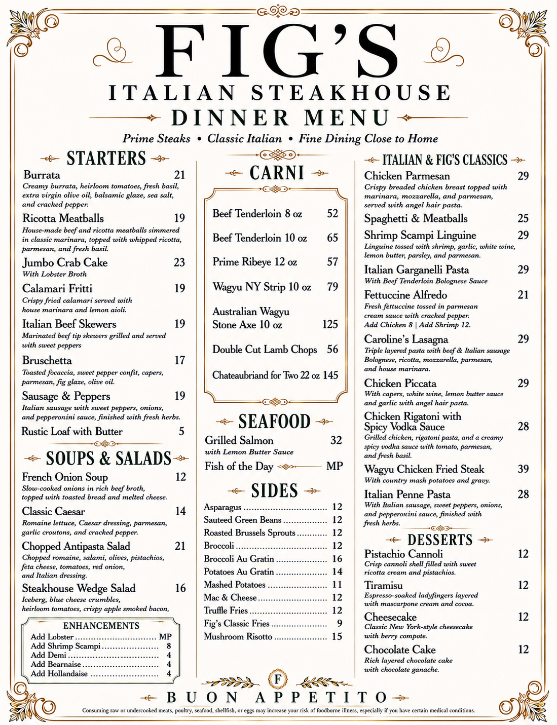 Fig’s Italian Steakhouse dinner menu with ornate border and four food columns