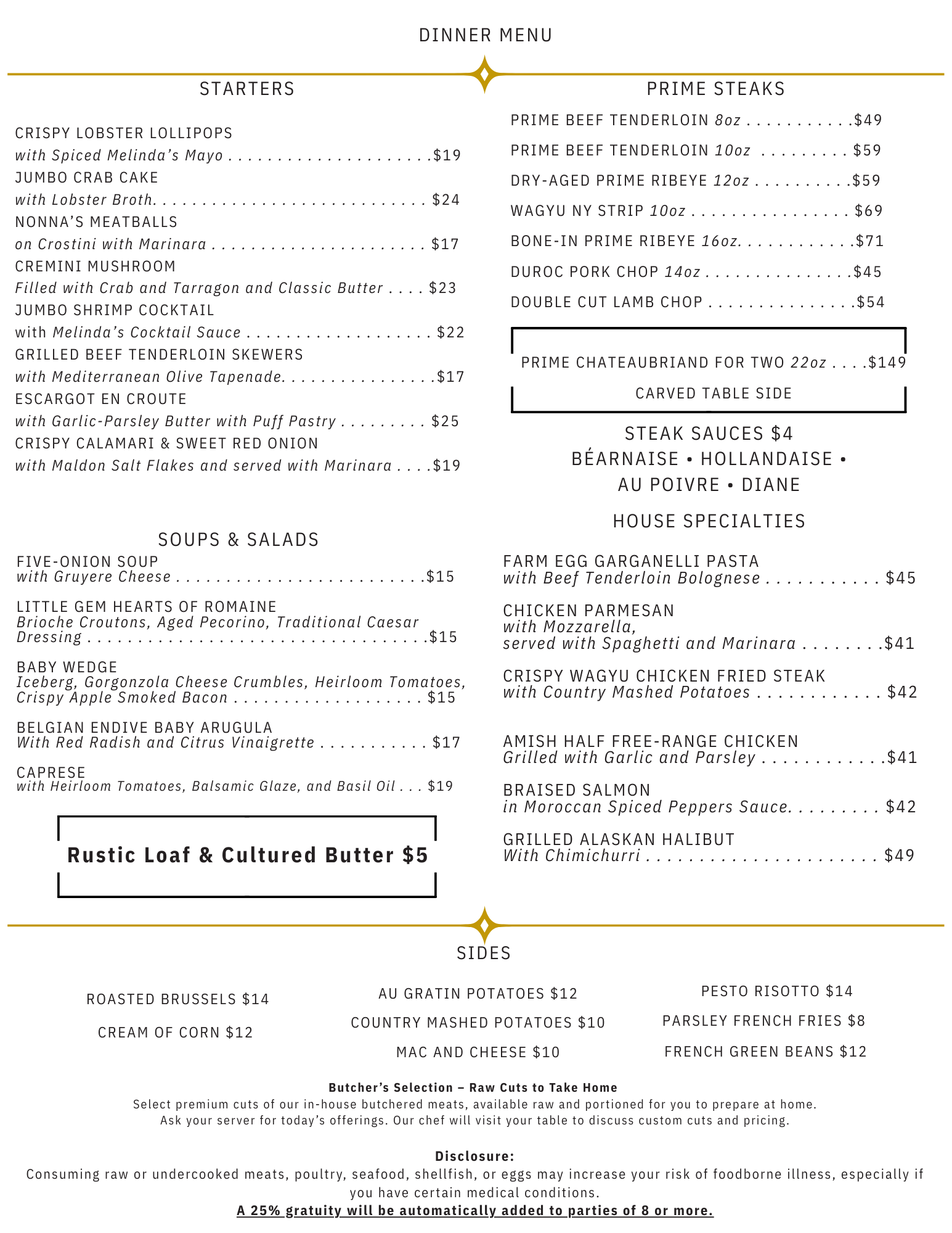 Restaurant menu displaying starters, salads, plates, and desserts.
