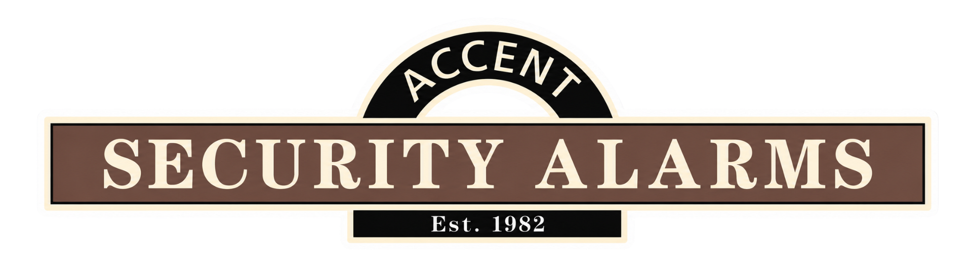 Security Alarms logo with brown banner, black arc, and small “Est. 1983” text