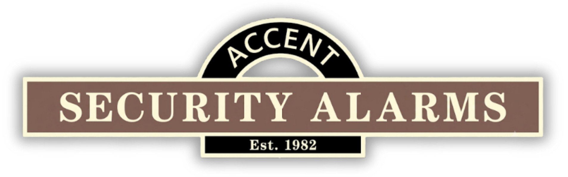 Accent Security Alarms logo with brown banner and black oval emblem, est. 1982.