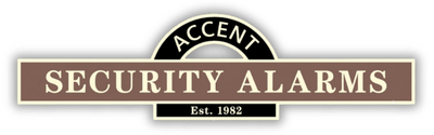 Accent Security Alarms logo with brown banner and black oval emblem, est. 1982.