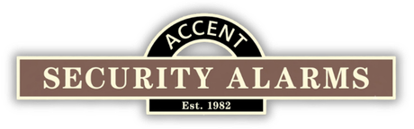 Accent Security Alarms logo with brown banner and black text, est. 1982