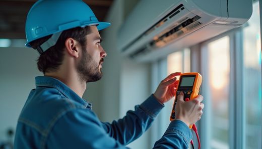 HVAC technician in blue uniform and hard hat, using a multimeter to inspect an air conditioner.