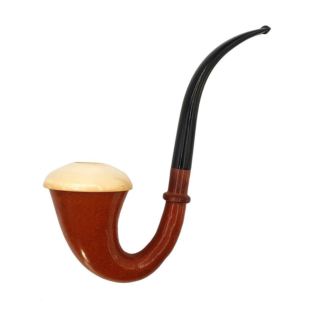 Una pipa marrone con tappo bianco e bocchino nero