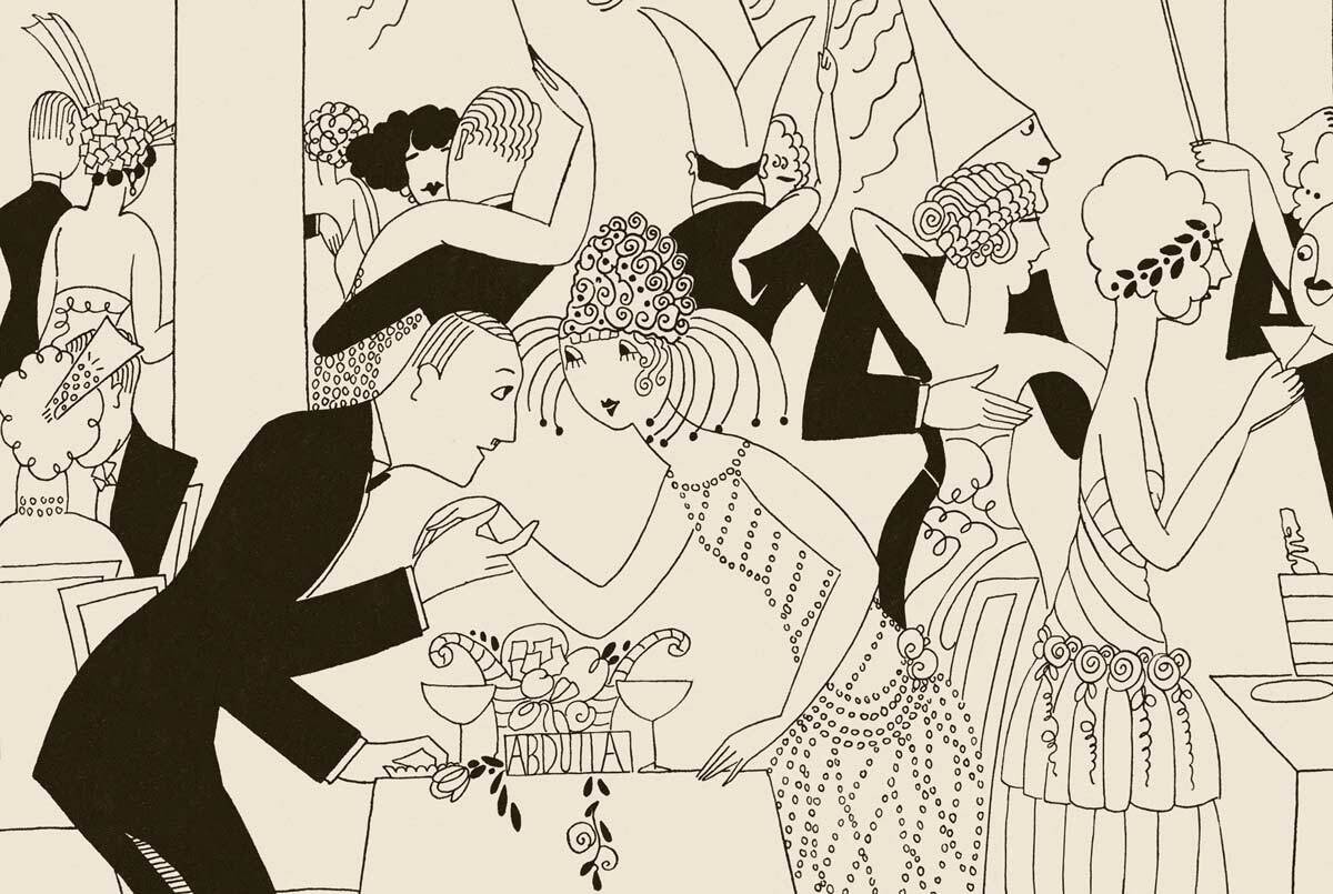 Un disegno in bianco e nero di un uomo e una donna che ballano