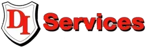 A red and white logo for DI Services with a shield