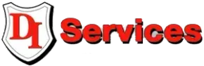 A red and white logo for DI Services with a shield