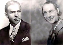 A split-screen portrait of two individuals wearing formal attire in a vintage, monochrome style.