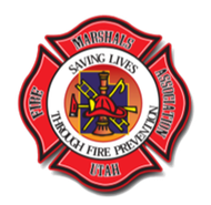 Utah Fire Marshals Association logo: red Maltese cross with central badge displaying fire tools and text.