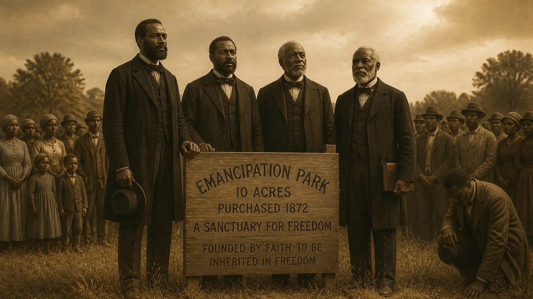 Four men stand before a sign at an Emancipation Park opening, with a gathered crowd in the background.