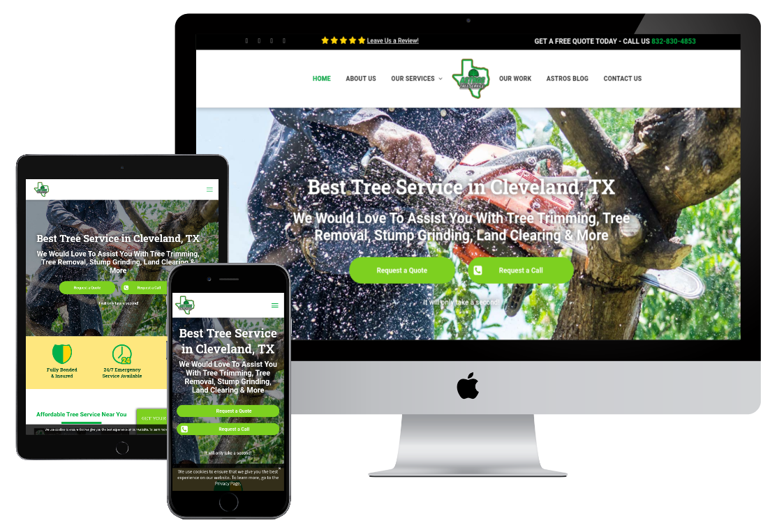 Website displaying on tablet, smartphone, and desktop, advertising Best Tree Service in Arlington, TX.