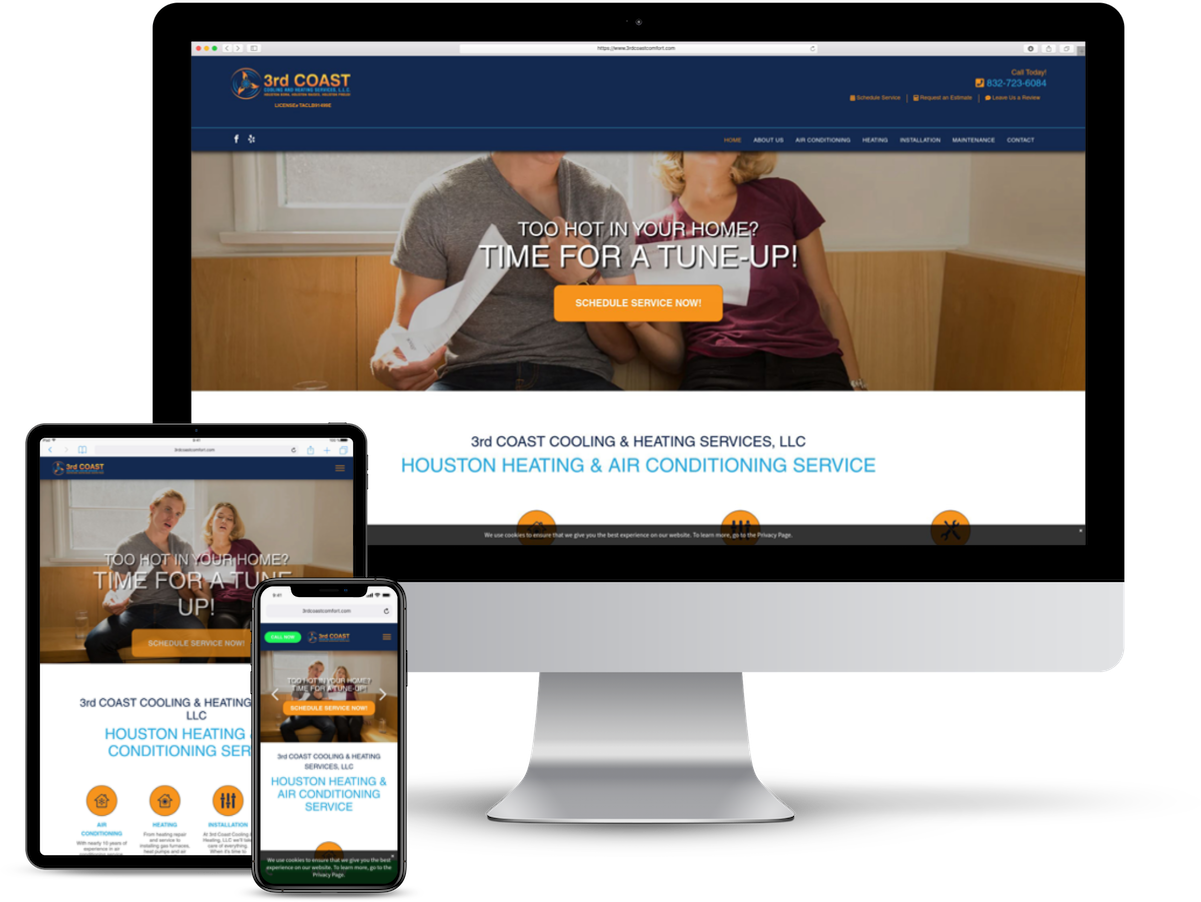 Website on multiple devices: couple reviews paperwork, orange call to action.