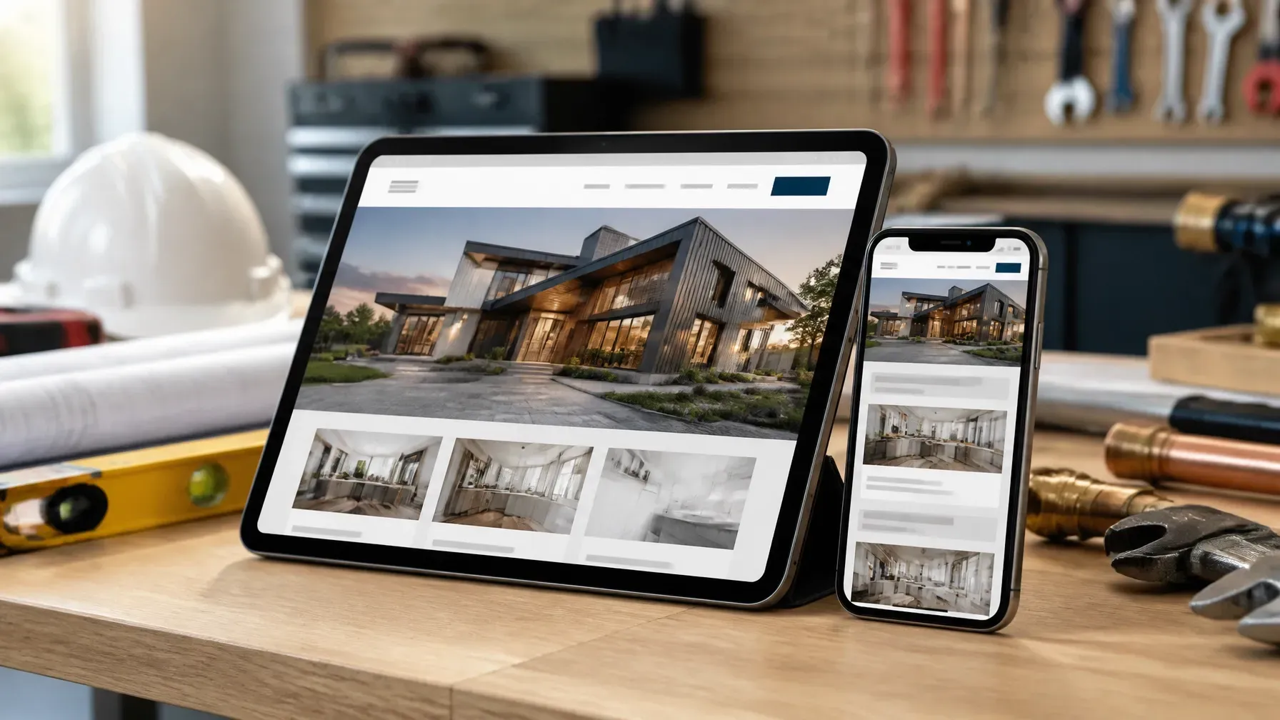 Tablet and phone displaying a house design website on a workbench with tools and a hard hat