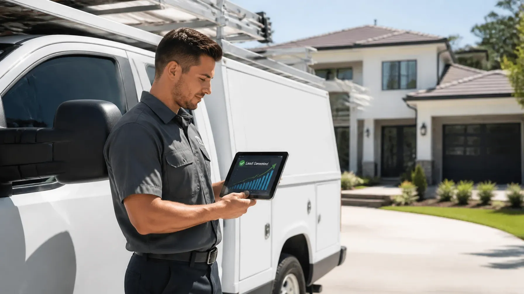 Technician using a tablet beside a white service van in a residential driveway
