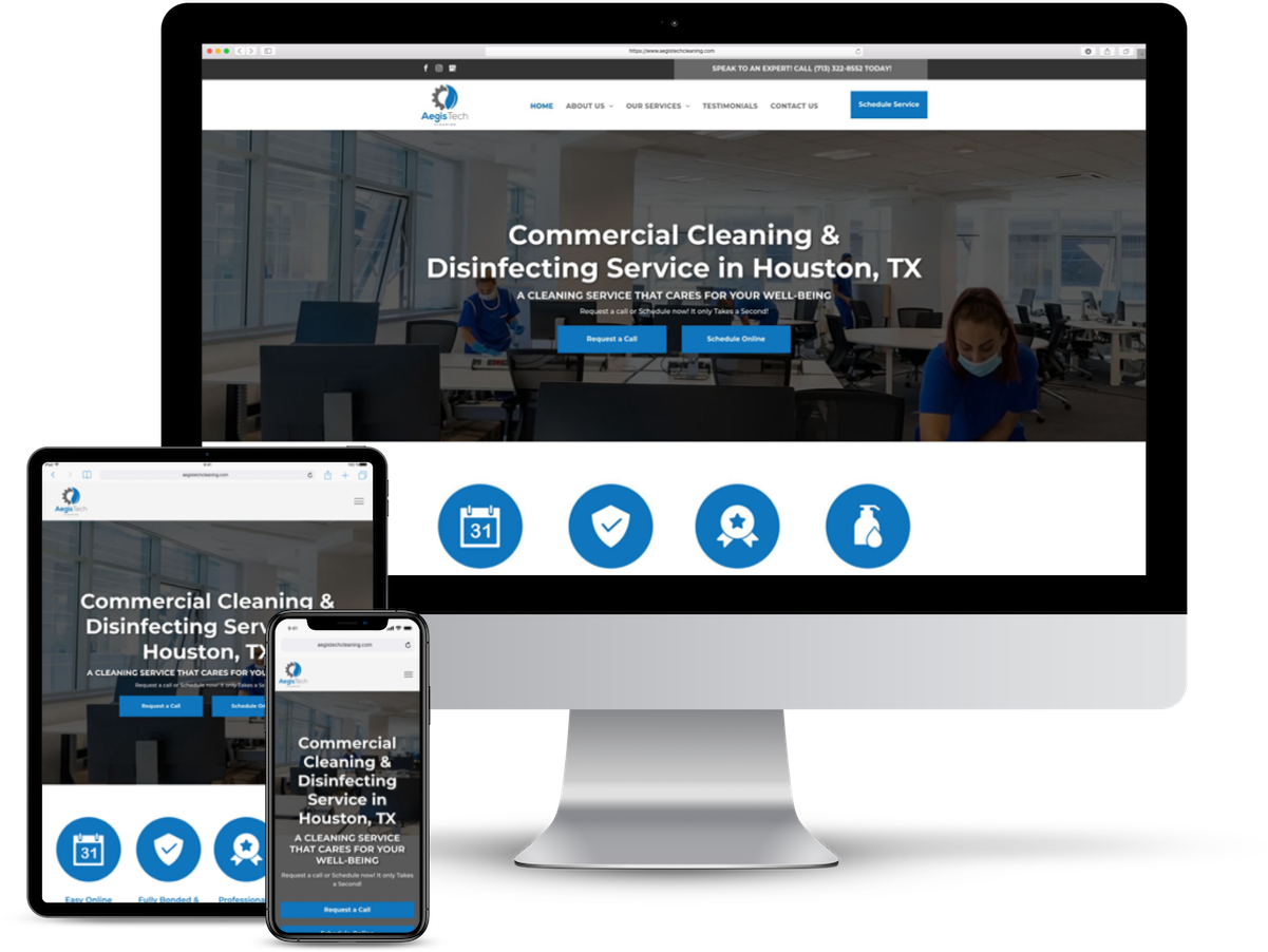 Website mockup on various devices, advertising commercial cleaning services in Houston, TX.