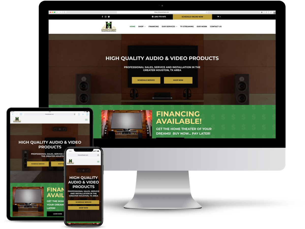 A website showcasing audio and video products, displayed on a computer, tablet, and phone screens.