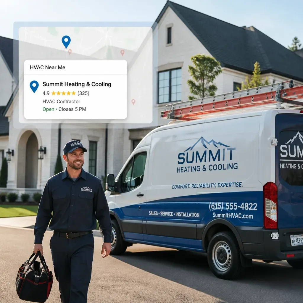 HVAC technician walking beside branded service van in front of a home with a business review graphic overlay