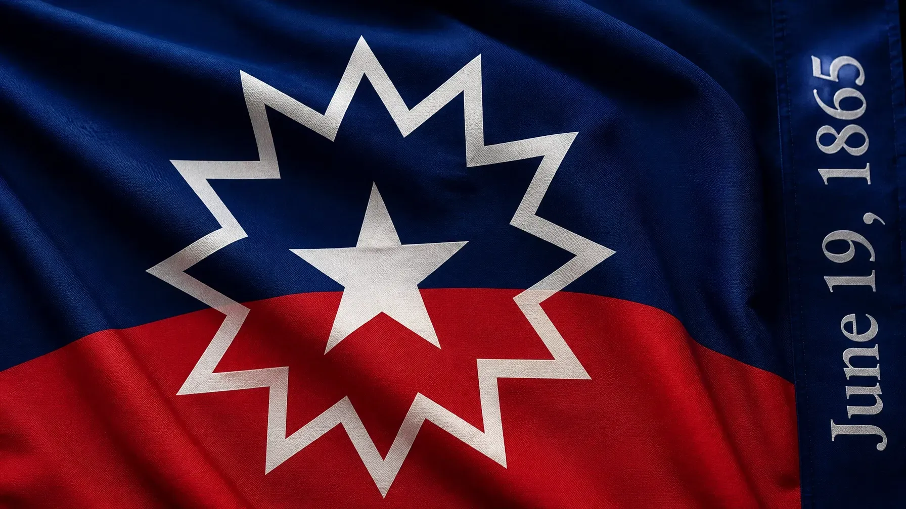Juneteenth Flag with “June 19, 1865” text on a blue background