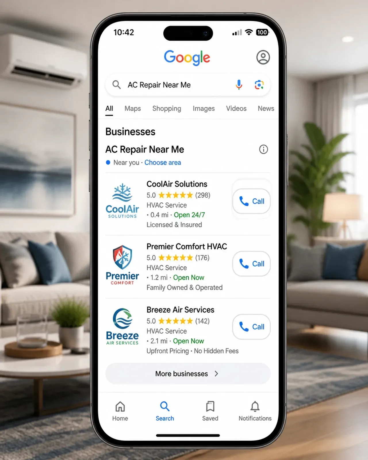 Google search results on a phone for AC repair near me, showing local HVAC businesses with call buttons.