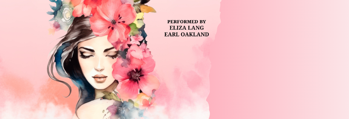 Abstract floral portrait of a woman with pink blossoms on a soft pink background, with small black text at right