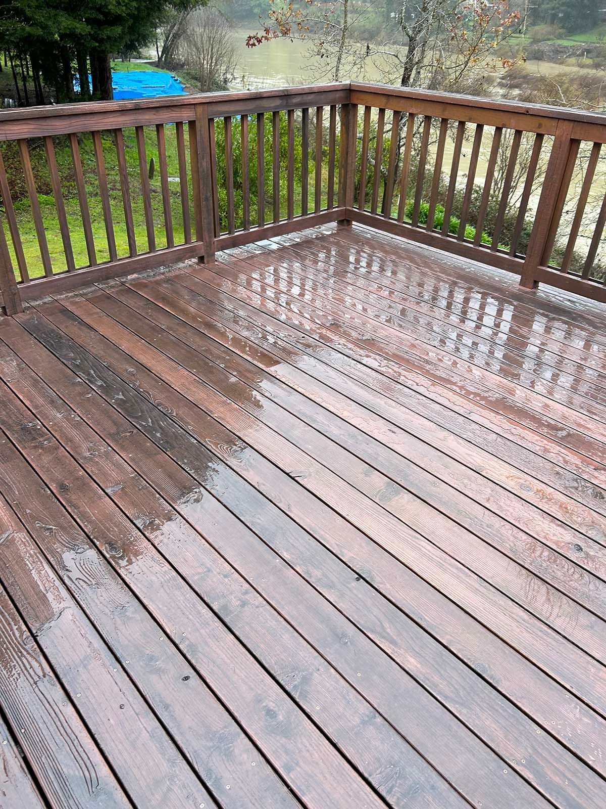Wooden deck with wet planks and railing overlooking a grassy yard