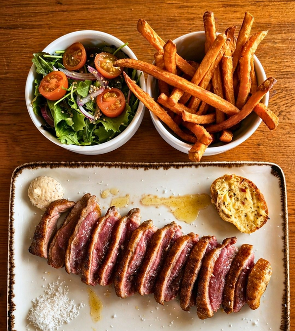 Fatias de bife com batatas-doces fritas e salada em uma mesa de madeira, servidas com molho e mostarda.