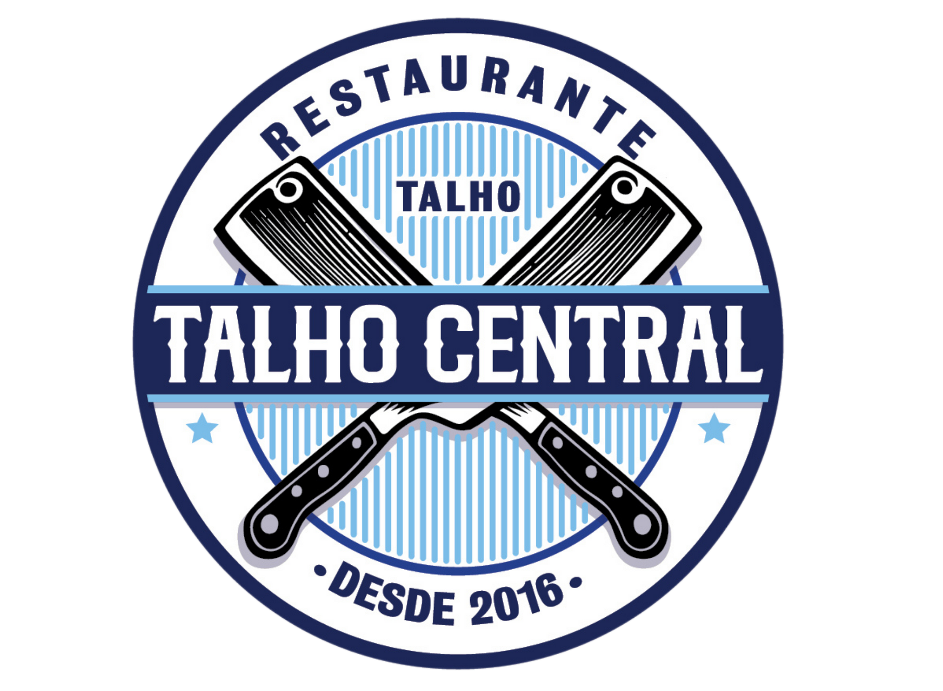 Logotipo circular azul e branco do Restaurante Talho Central, com facas cruzadas e a inscrição “Desde 2016”.