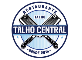 Logotipo circular azul e branco do Restaurante Talho Central, com facas cruzadas e a inscrição “Desde 2016”.