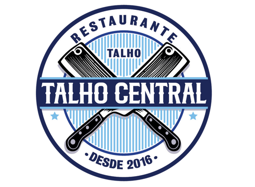 Logotipo circular azul e branco do Restaurante Talho Central, com facas cruzadas e a inscrição “Desde 2016”.