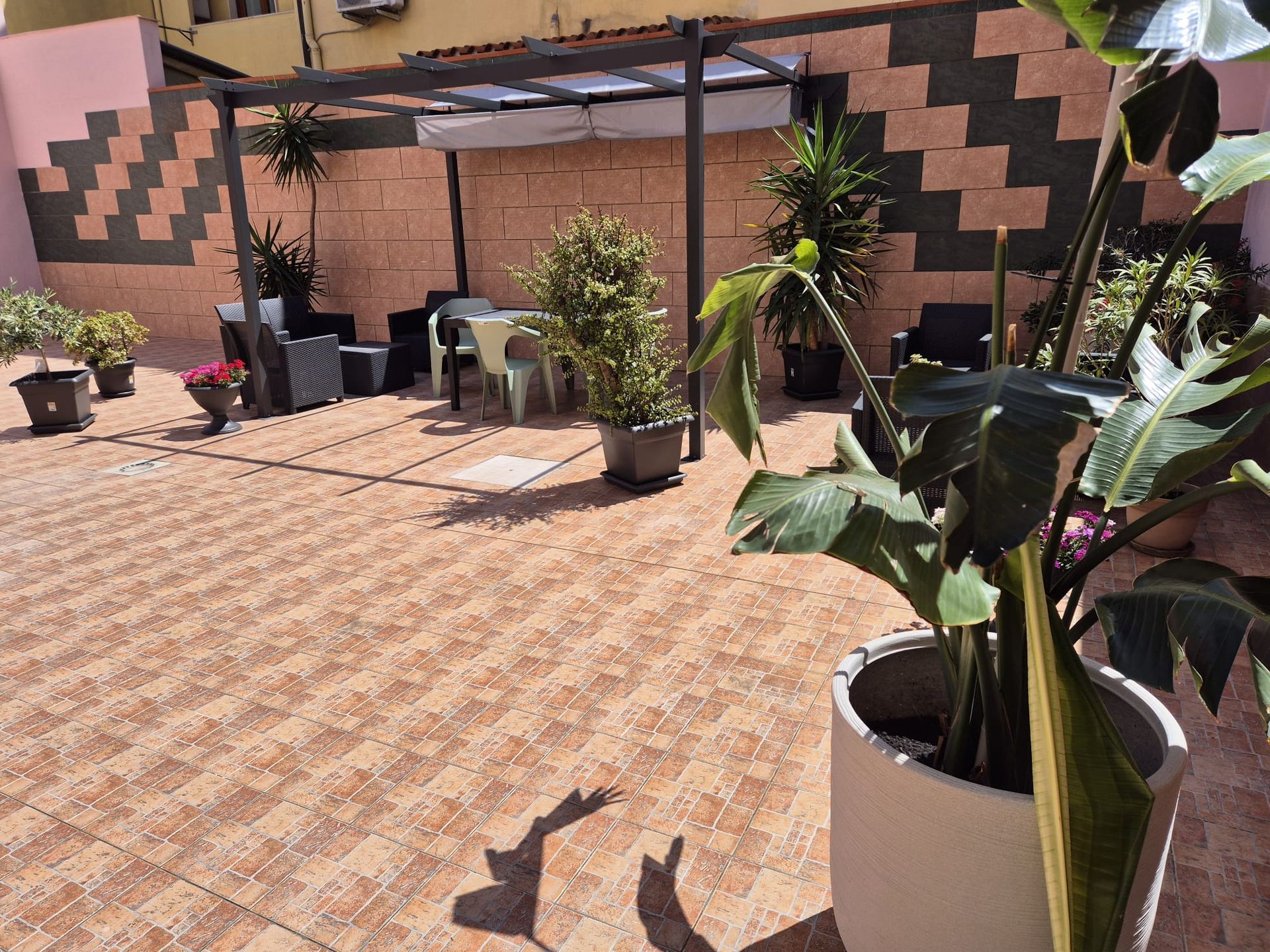 Cortile soleggiato con pavimentazione in mattoni decorati, piante in vaso e una scala lungo una parete rosa