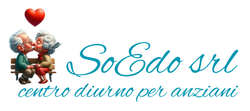 Logo per SoEdo srl centro diurno per anziani con due figure di anziani stilizzate e un cuore rosso