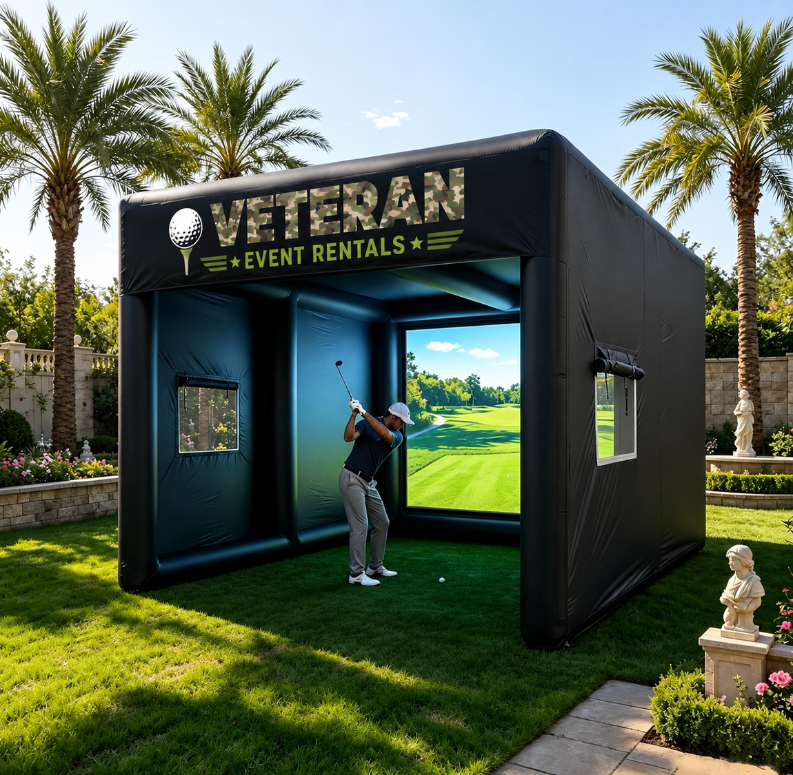 Mobile golf simulator rental setup by Veteran Event Rentals