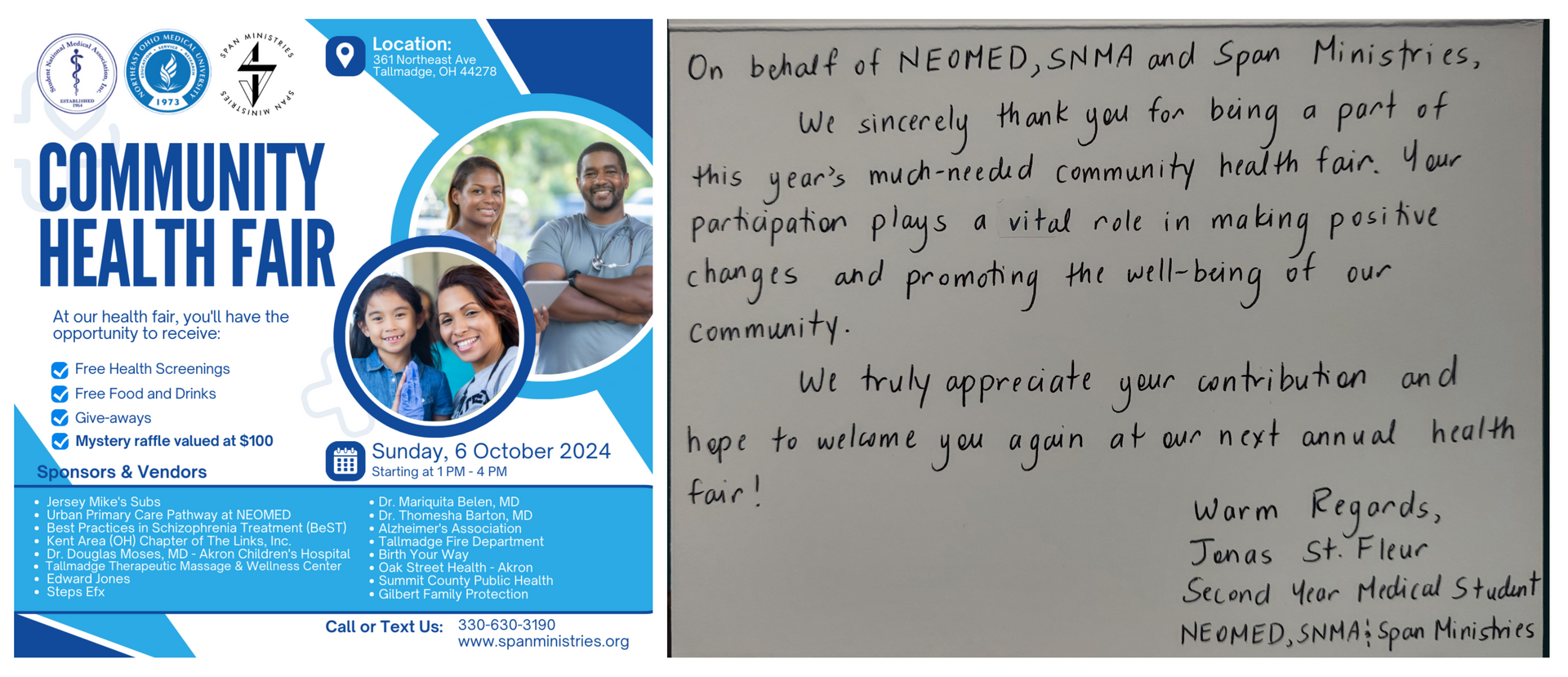A poster for a community health fair next to a handwritten note