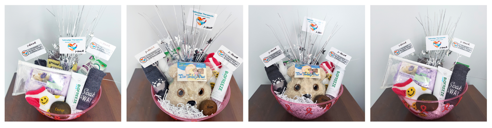 A collage of four pictures of a basket filled with various items.