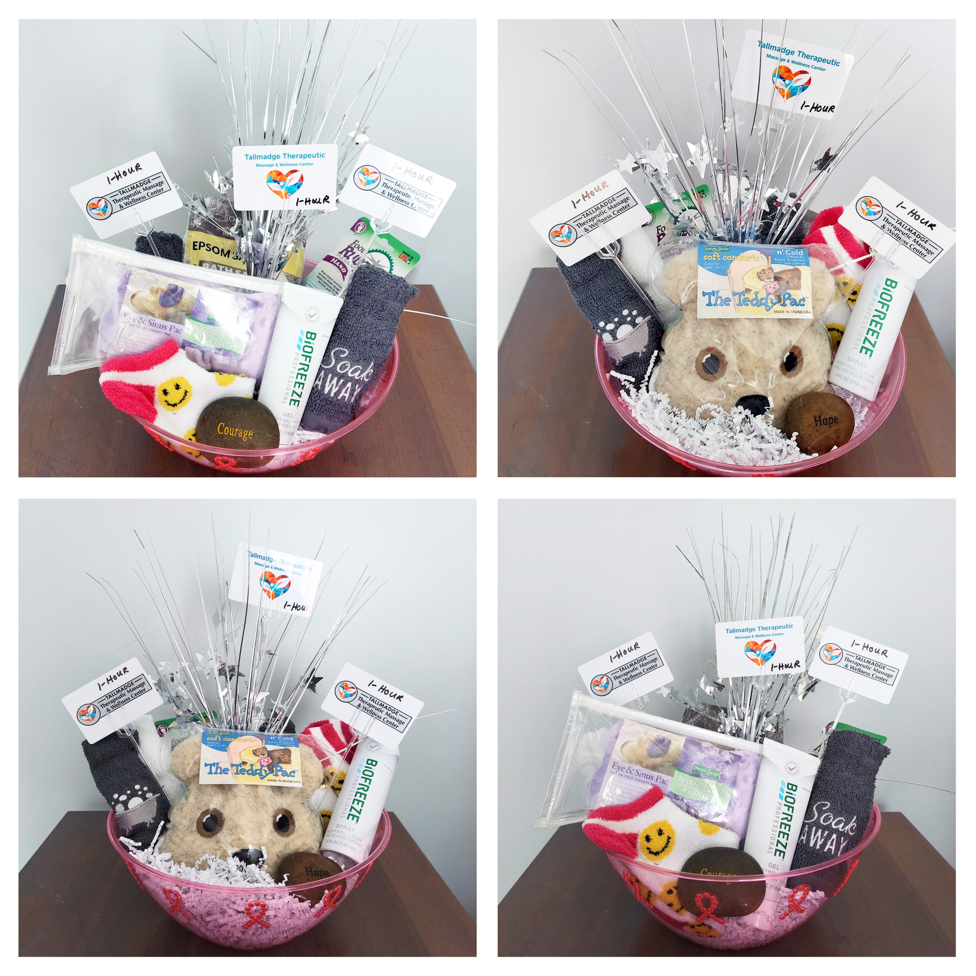 Four pictures of a bowl filled with socks and a stuffed animal