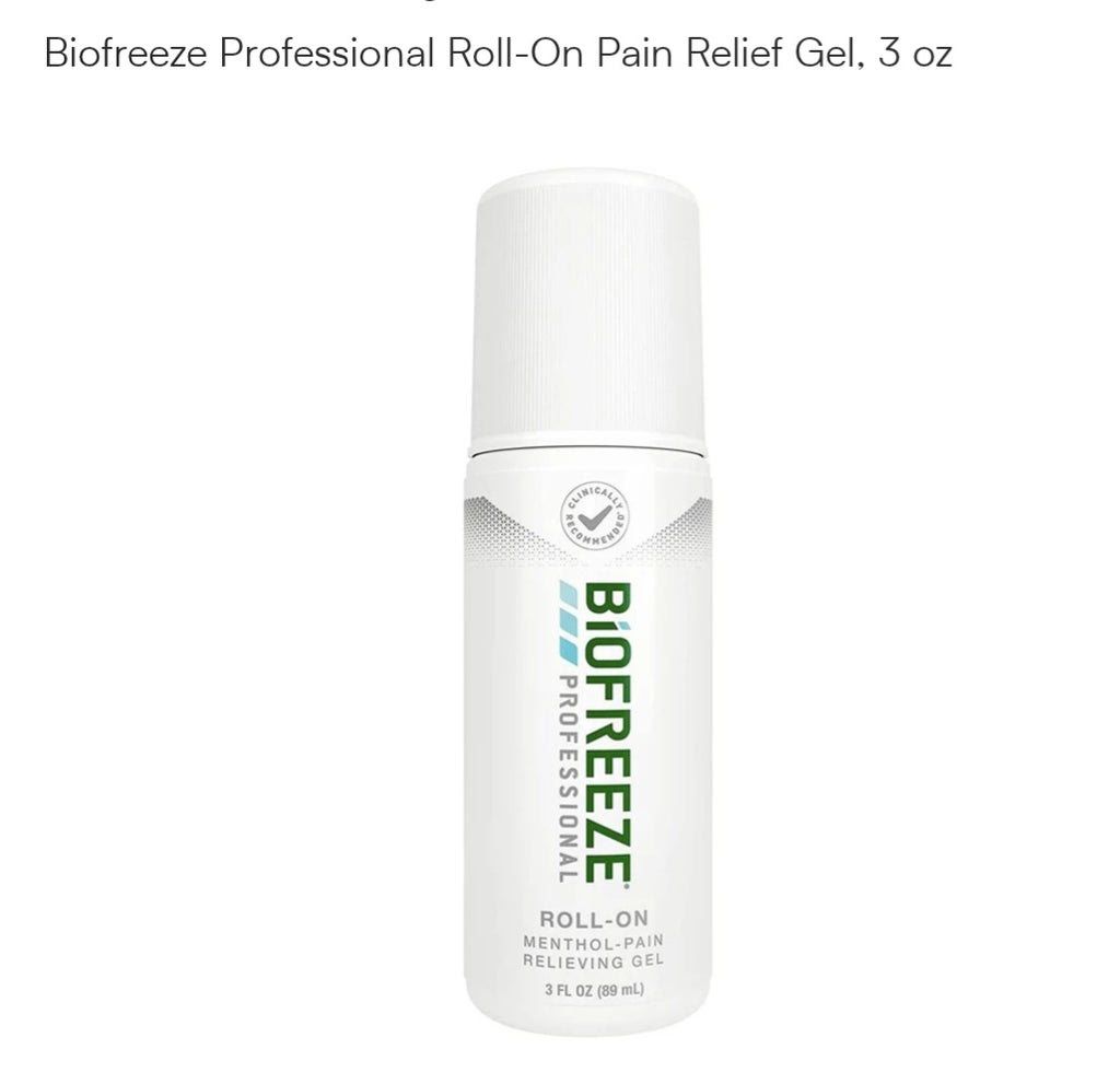 A bottle of biofreeze professional roll-on pain relief gel